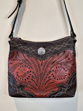 American West Leather Shoulder Bag With Engraved Silver-Stone Strap Hardware